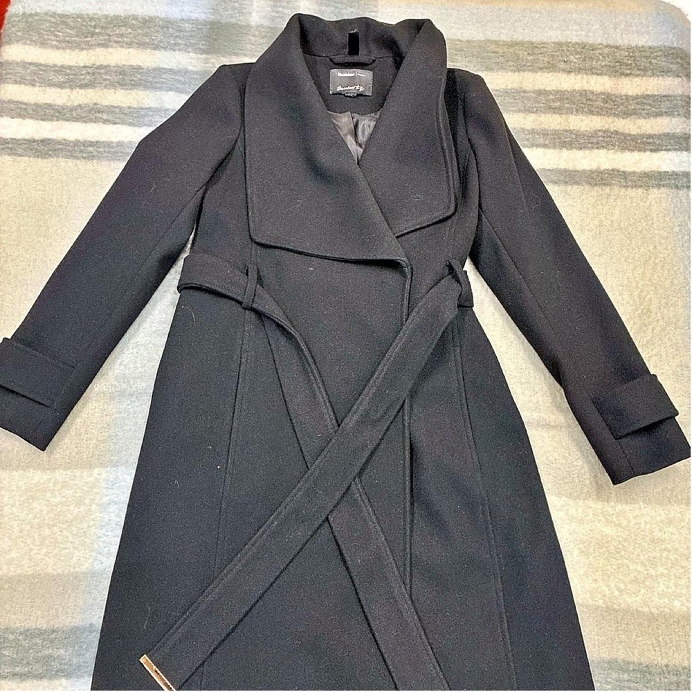 River Island Studio Black Belted Wrap Coat Shawl Collar Metallic Detail Size 0
